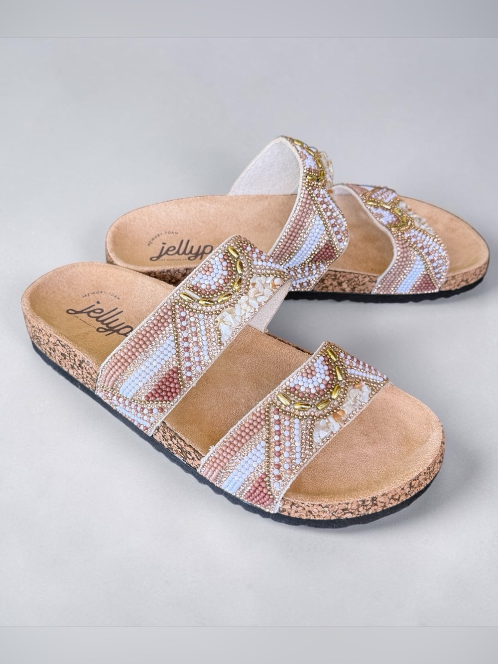 CHIC BOHEMIAN GLAM  Jellypop Nelli Slide Sandals in Champagne, Size 9